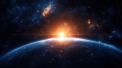 A breathtaking view of the sunrise over a distant planet, surrounded by vibrant stars and cosmic beauty in deep space.