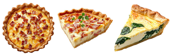 Delicious assortment of savory pizzas and quiche slices on a white background