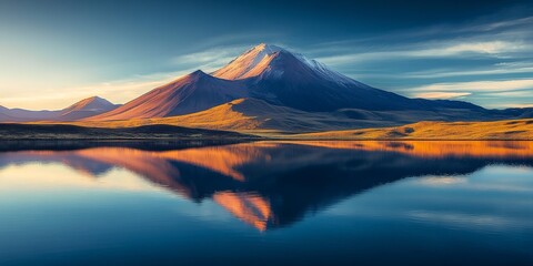 Volcanic mountain in morning light reflected in calm waters of lake