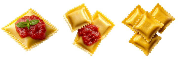Delicious ravioli with tomato sauce and fresh basil on a white background