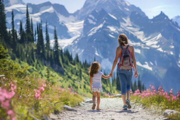 Naklejka premium A mother and daughter walk hand in hand along a scenic trail with majestic mountains in the background. The bond between them is evident as they enjoy the beautiful landscape together.