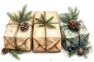 Boho Christmas gifts wrapped in brown paper and de 765 christmas, tree, decoration, holiday, xmas, branch, pine, fir, cone, ornament, celebration, gift, winter, season, green, spruce, ball, new, decor