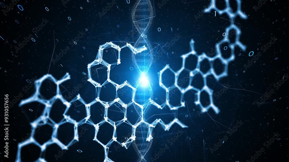 Canvas Prints 3d rotation dna chain with hexagon bond animation.