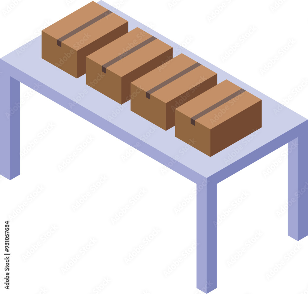 Poster several identical cardboard boxes are standing on a conveyor belt, ready for shipping and handling