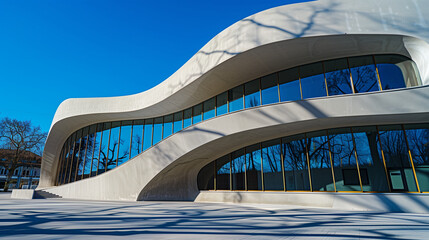 Naklejka premium A modern building with interesting architectural curves in Novi Sad Serbia. Picture taken on a bright blue sky day. Shadows falling perfectly on the building