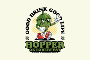 hop plant brewery retro cartoon funny character vector illustration with walking pose and showing peace hand for brewery, food and beverage mascots and sticker and apparel design elements
