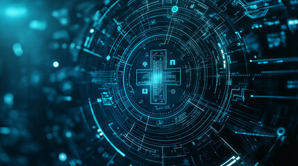 Fototapeta premium A futuristic health tech logo incorporating symbols of wearables and telemedicine, using sleek lines and a digital color palette