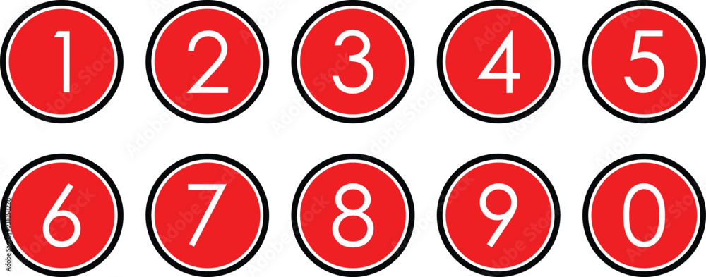Poster white numbers icon with black red circle. from 0 to 9. number button vector illustration.