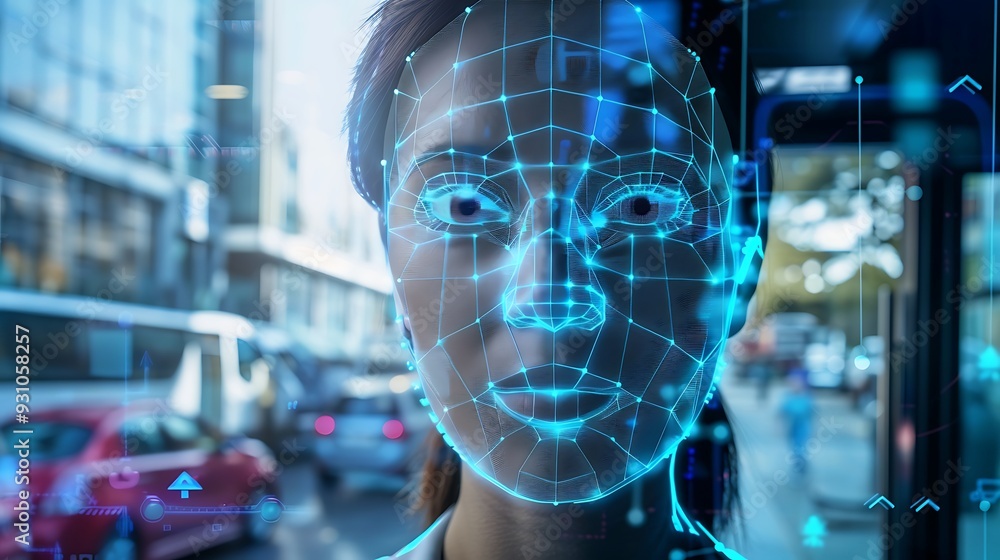 Aufkleber woman face is overlaid with a digital grid, creating a futuristic and abstract image. it creates a s