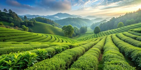 Tea plantation with rows of lush green tea bushes stretching into the distance, tea, plantation, agriculture, nature, farm, landscape