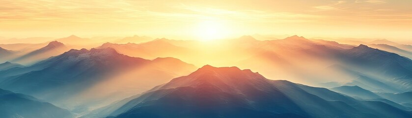 Obraz premium A breathtaking view of mountains at sunrise, with soft light beams creating a serene and peaceful atmosphere.