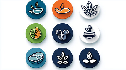 A wellness-themed icon set featuring symbols for sleep, diet, and meditation, each represented by simple, elegant pictograms in pastel colors