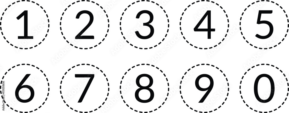 Poster simple numbers icon with black dash line circle. from 0 to 9. number button vector illustration.