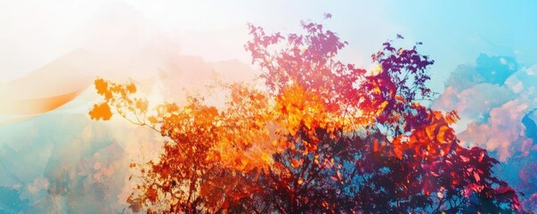 A vibrant tree against a dreamy sky, showcasing colorful leaves and a serene atmosphere of nature's beauty.