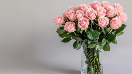 Fototapeta premium A bouquet of pink roses in a clear glass vase, with a few leaves for a fresh, natural look, pink roses, clear vase, fresh