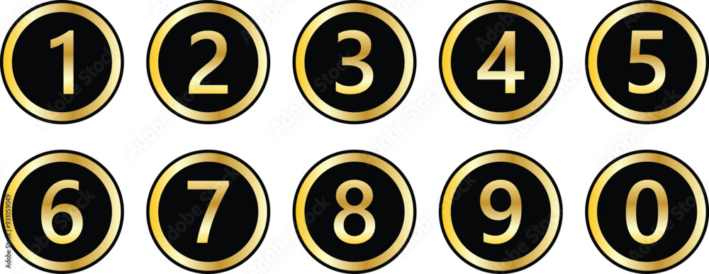 Poster golden numbers icon with black gold circle. from 0 to 9. number button vector illustration.