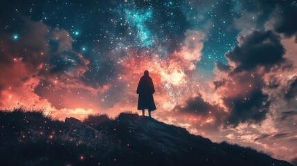 Obraz premium A solitary figure gazes at a vibrant cosmic scene, filled with colorful stars and swirling clouds, evoking wonder and contemplation.