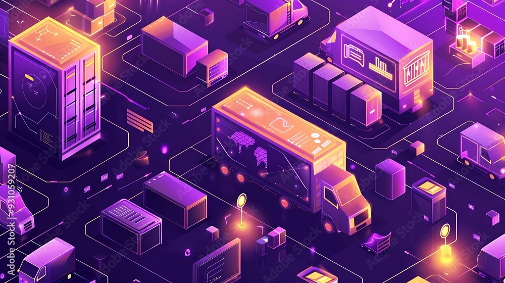 Poster futuristic illustration a smart logistics and delivery system. trucks are connected to a network, in