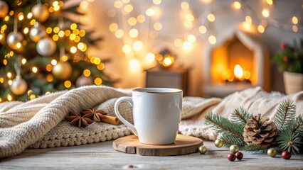 Fototapeta premium Mug mockup with coffee cup in a cozy Christmas interior, Christmas, holiday, festive, mockup, mug, coffee cup, interior