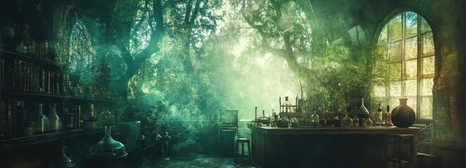 A mystical laboratory surrounded by lush greenery, featuring glass vials and enchanting light filtering through large windows.