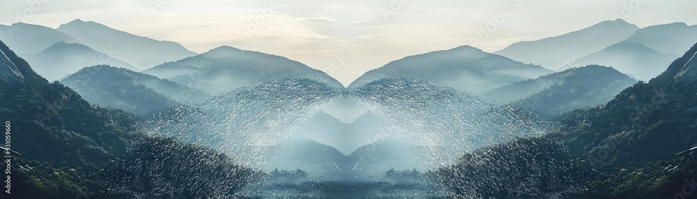 Poster Serene mountain landscape with mist and soft light, perfect for creating a tranquil atmosphere in any project.