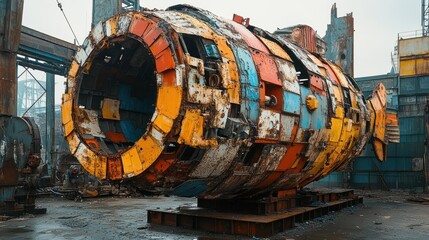 Rusty Submarine Wreckage in a Dismantled Shipyard
