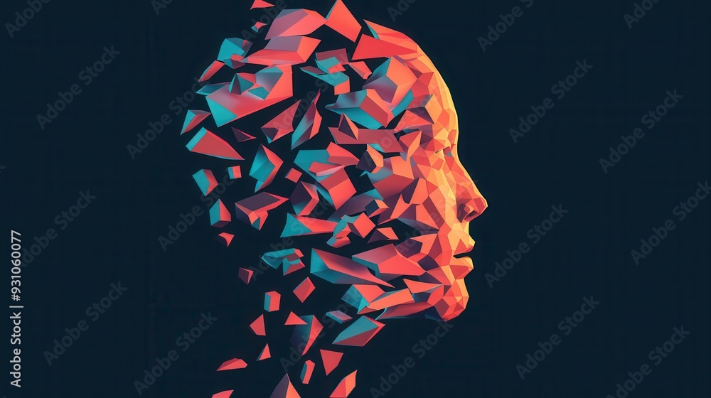 Poster an abstract representation of a face made of fragmented shapes, showcasing a blend of vibrant colors