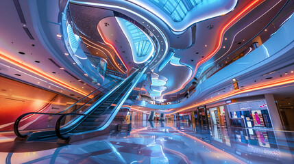 abstract ceiling and escalator in hall of shopping mall