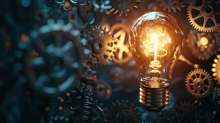 A bright idea concept image with a lightbulb glowing brightly, surrounded by cogs and gears symbolizing innovation and creativity, set against a dark background to make the light and mechanical