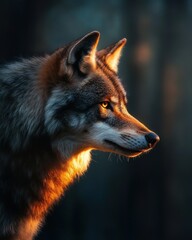 Fototapeta premium A majestic wolf standing in a forest, illuminated by soft sunlight, showcasing its striking features and piercing gaze.