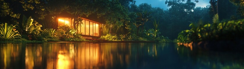 Fototapeta premium A serene evening scene featuring a glowing cabin by a peaceful river, surrounded by lush greenery and calm waters.