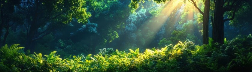 Obraz premium A serene forest scene bathed in sunlight, showcasing lush greenery and peaceful ambiance for nature lovers.