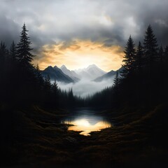 Obraz premium A serene mountain landscape at sunrise, shrouded in mist with a reflective calm lake surrounded by towering trees.