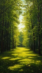Obraz premium A serene tree-lined path bathed in warm sunlight, showcasing vibrant greenery and a tranquil atmosphere. Perfect for nature lovers.