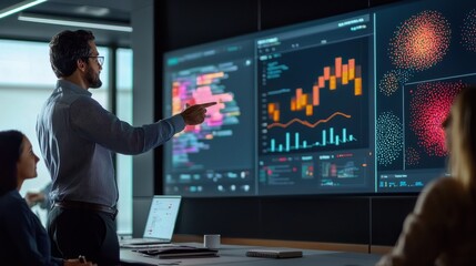 A data scientist presenting findings on a large screen, with colorful data visualizations and machine learning models, set in a collaborative workspace where technology and teamwork drive innovation