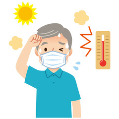 マスクをして汗をかく高齢者　マスク熱中症　気温が高い屋外