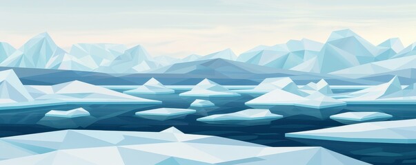 Obraz premium A serene icy landscape featuring floating icebergs and a tranquil blue ocean under a soft sky.