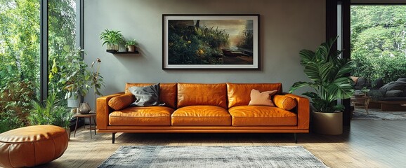 Cozy Living Room With A Mock-Up Poster Frame, Brown Sofa