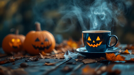 A steaming cup of coffee surrounded by Halloween-themed decorations, including pumpkins, cobwebs, and autumn leaves 