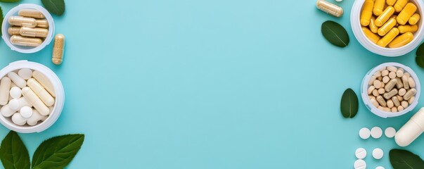 A flat lay of herbal supplements and metabolism-supporting vitamins, herbal supplements, metabolism, vitamins