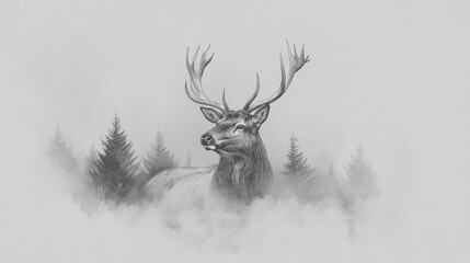 A majestic deer stands amidst misty trees, capturing the tranquil beauty of nature in a serene black and white illustration.