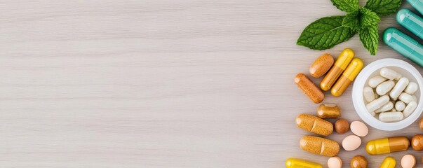 A flat lay of herbal supplements and metabolism-supporting vitamins, herbal supplements, metabolism, vitamins