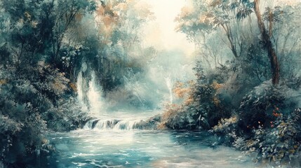 A serene landscape featuring a tranquil waterfall surrounded by lush greenery and soft mist, perfect for nature lovers and relaxation.