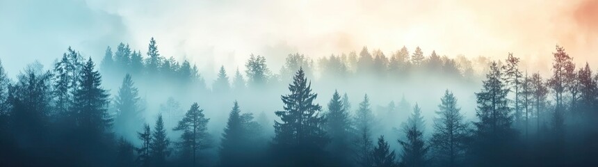 Obraz premium A serene misty forest landscape at dawn, showcasing silhouettes of trees against a colorful sky.