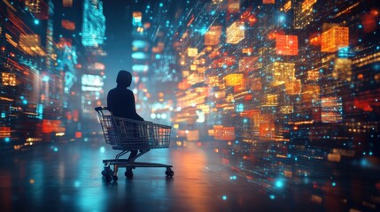 Fototapeta premium Cyber Monday Extravaganza: Shoppers Embrace Filled Carts in a Well-Lit Online Shopping Festivity Amidst Digital Offers. 