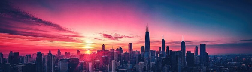 Stunning sunset skyline over a vibrant cityscape, showcasing magnificent buildings against a colorful sky.