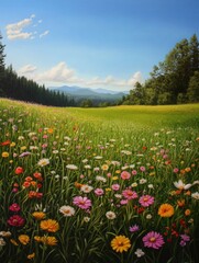 Fototapeta premium A vibrant landscape showcasing a colorful wildflower field with mountains in the distance under a clear blue sky.