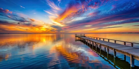 Obraz premium Sunset on the pier with calm water and colorful sky , sunset, pier, water, dusk, evening, tranquil, peaceful, ocean