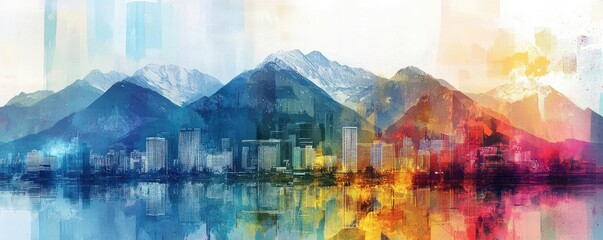 Obraz premium Vibrant watercolor landscape featuring mountains and an urban skyline, showcasing color blending in nature and architecture.
