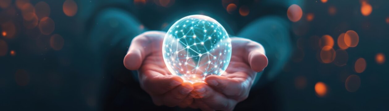 A glowing orb held in hands, symbolizing technology, innovation, and a connection to the digital future.